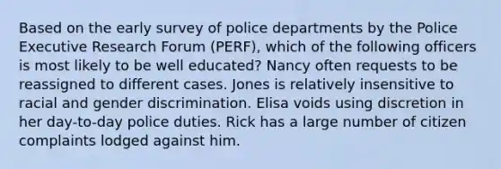 Based on the early survey of police departments by the Police Executive Research Forum (PERF), which of the following officers is most likely to be well educated? Nancy often requests to be reassigned to different cases. Jones is relatively insensitive to racial and gender discrimination. Elisa voids using discretion in her day-to-day police duties. Rick has a large number of citizen complaints lodged against him.