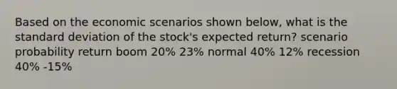 Based on the economic scenarios shown below, what is the <a href='https://www.questionai.com/knowledge/kqGUr1Cldy-standard-deviation' class='anchor-knowledge'>standard deviation</a> of the stock's expected return? scenario probability return boom 20% 23% normal 40% 12% recession 40% -15%