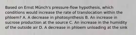 Based on Ernst Münch's pressure-flow hypothesis, which conditions would increase the rate of translocation within the phloem? A. A decrease in photosynthesis B. An increase in sucrose production at the source C. An increase in the humidity of the outside air D. A decrease in phloem unloading at the sink