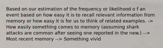 Based on our estimation of the frequency or likelihood o f an event based on how easy it is to recall relevant information from memory or how easy it is for us to think of related examples. -> How easily something comes to memory (assuming shark attacks are common after seeing one reported in the new.) --> Most recent memory --> Something vivid