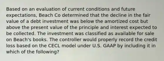 Based on an evaluation of current conditions and future expectations, Beach Co determined that the decline in the fair value of a debt investment was below the amortized cost but above the present value of the principle and interest expected to be collected. The investment was classified as available for sale on Beach's books. The controller would properly record the credit loss based on the CECL model under U.S. GAAP by including it in which of the following?