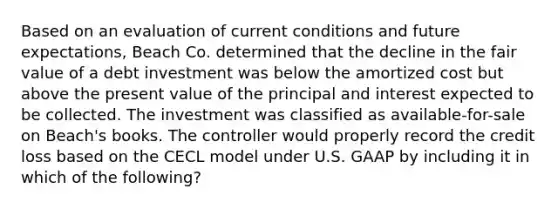 Based on an evaluation of current conditions and future expectations, Beach Co. determined that the decline in the fair value of a debt investment was below the amortized cost but above the present value of the principal and interest expected to be collected. The investment was classified as available-for-sale on Beach's books. The controller would properly record the credit loss based on the CECL model under U.S. GAAP by including it in which of the following?