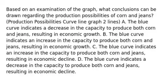 Based on an examination of the graph, what conclusions can be drawn regarding the production possibilities of corn and jeans? (Production Possibilities Curve line graph 2 lines) A. The blue curve indicates a decrease in the capacity to produce both corn and jeans, resulting in economic growth. B. The blue curve indicates an increase in the capacity to produce both corn and jeans, resulting in economic growth. C. The blue curve indicates an increase in the capacity to produce both corn and jeans, resulting in economic decline. D. The blue curve indicates a decrease in the capacity to produce both corn and jeans, resulting in economic decline.