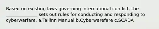 B​ased on existing laws governing international conflict, the ______________ sets out rules for conducting and responding to cyberwarfare. a.Tallinn Manual b.Cyberwarefare c.SCADA