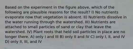 Based on the experiment in the figure above, which of the following are plausible reasons for the result? I) No nutrients evaporate now that vegetation is absent. II) Nutrients dissolve in the water running through the watershed. III) Nutrients are attached to small particles of sand or clay that leave the watershed. IV) Plant roots that held soil particles in place are no longer there. A) only I and III B) only II and IV C) only I, II, and IV D) only II, III, and IV