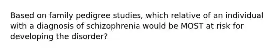 Based on family pedigree studies, which relative of an individual with a diagnosis of schizophrenia would be MOST at risk for developing the disorder?