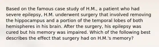 Based on the famous case study of H.M., a patient who had severe epilepsy, H.M. underwent surgery that involved removing the hippocampus and a portion of the temporal lobes of both hemispheres in his brain. After the surgery, his epilepsy was cured but his memory was impaired. Which of the following best describes the effect that surgery had on H.M.'s memory?