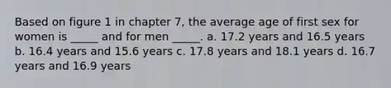 Based on figure 1 in chapter 7, the average age of first sex for women is _____ and for men _____. a. 17.2 years and 16.5 years b. 16.4 years and 15.6 years c. 17.8 years and 18.1 years d. 16.7 years and 16.9 years