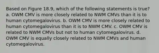 Based on Figure 18.9, which of the following statements is true? a. OWM CMV is more closely related to NWM CMVs than it is to human cytomegalovirus. b. OWM CMV is more closely related to human cytomegalovirus than it is to NWM CMV. c. OWM CMV is related to NWM CMVs but not to human cytomegalovirus. d. OWM CMV is equally closely related to NWM CMVs and human cytomegalovirus.