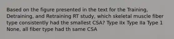 Based on the figure presented in the text for the Training, Detraining, and Retraining RT study, which skeletal muscle fiber type consistently had the smallest CSA? Type IIx Type IIa Type 1 None, all fiber type had th same CSA