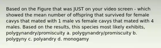 Based on the Figure that was JUST on your video screen - which showed the mean number of offspring that survived for female cavys that mated with 1 male vs female cavys that mated with 4 males. Based on the results, this species most likely exhibits, polygynandry/promiscuity a. polygynandry/promiscuity b. polygyny c. polyandry d. monogamy