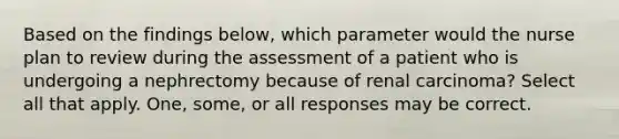 Based on the findings below, which parameter would the nurse plan to review during the assessment of a patient who is undergoing a nephrectomy because of renal carcinoma? Select all that apply. One, some, or all responses may be correct.