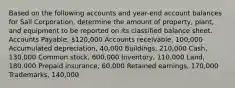 Based on the following accounts and year-end account balances for Sail Corporation, determine the amount of property, plant, and equipment to be reported on its classified balance sheet. Accounts Payable, 120,000 Accounts receivable, 100,000 Accumulated depreciation, 40,000 Buildings, 210,000 Cash, 130,000 Common stock, 600,000 Inventory, 110,000 Land, 180,000 Prepaid insurance, 60,000 Retained earnings, 170,000 Trademarks, 140,000