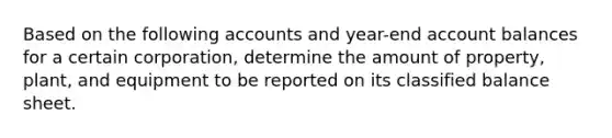 Based on the following accounts and year-end account balances for a certain corporation, determine the amount of property, plant, and equipment to be reported on its classified balance sheet.