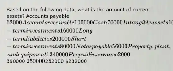 Based on the following data, what is the amount of current assets? Accounts payable 62000 Accounts receivable 100000 Cash 70000 Intangible assets 100000 Inventory 138000 Long-term investments 160000 Long-term liabilities 200000 Short-term investments 80000 Notes payable 56000 Property, plant, and equipment 1340000 Prepaid insurance 2000390000 250000252000 232000