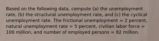 Based on the following data, compute (a) the unemployment rate, (b) the structural unemployment rate, and (c) the cyclical unemployment rate. The frictional unemployment = 2 percent, natural unemployment rate = 5 percent, civilian labor force = 100 million, and number of employed persons = 82 million.