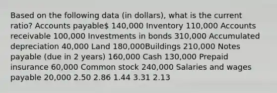 Based on the following data (in dollars), what is the current ratio? Accounts payable 140,000 Inventory 110,000 Accounts receivable 100,000 Investments in bonds 310,000 Accumulated depreciation 40,000 Land 180,000Buildings 210,000 Notes payable (due in 2 years) 160,000 Cash 130,000 Prepaid insurance 60,000 Common stock 240,000 Salaries and wages payable 20,000 2.50 2.86 1.44 3.31 2.13