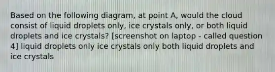 Based on the following diagram, at point A, would the cloud consist of liquid droplets only, ice crystals only, or both liquid droplets and ice crystals? [screenshot on laptop - called question 4] liquid droplets only ice crystals only both liquid droplets and ice crystals