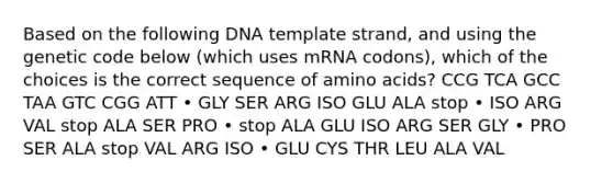 Based on the following DNA template strand, and using the genetic code below (which uses mRNA codons), which of the choices is the correct sequence of amino acids? CCG TCA GCC TAA GTC CGG ATT • GLY SER ARG ISO GLU ALA stop • ISO ARG VAL stop ALA SER PRO • stop ALA GLU ISO ARG SER GLY • PRO SER ALA stop VAL ARG ISO • GLU CYS THR LEU ALA VAL