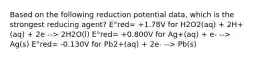 Based on the following reduction potential data, which is the strongest reducing agent? E°red= +1.78V for H2O2(aq) + 2H+(aq) + 2e --> 2H2O(l) E°red= +0.800V for Ag+(aq) + e- --> Ag(s) E°red= -0.130V for Pb2+(aq) + 2e- --> Pb(s)