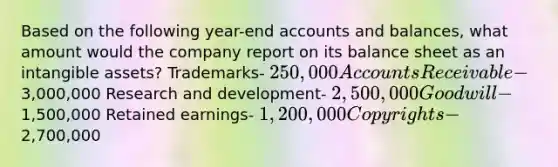 Based on the following year-end accounts and balances, what amount would the company report on its balance sheet as an intangible assets? Trademarks- 250,000 Accounts Receivable-3,000,000 Research and development- 2,500,000 Goodwill-1,500,000 Retained earnings- 1,200,000 Copyrights-2,700,000