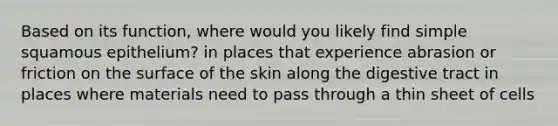 Based on its function, where would you likely find simple squamous epithelium? in places that experience abrasion or friction on the surface of the skin along the digestive tract in places where materials need to pass through a thin sheet of cells