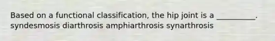 Based on a functional classification, the hip joint is a __________. syndesmosis diarthrosis amphiarthrosis synarthrosis