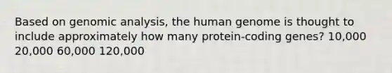 Based on genomic analysis, the human genome is thought to include approximately how many protein-coding genes? 10,000 20,000 60,000 120,000