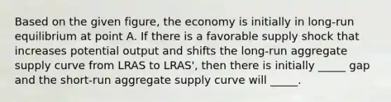 Based on the given figure, the economy is initially in long-run equilibrium at point A. If there is a favorable supply shock that increases potential output and shifts the long-run aggregate supply curve from LRAS to LRAS', then there is initially _____ gap and the short-run aggregate supply curve will _____.