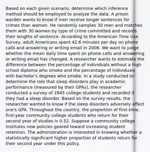 Based on each given scenario, determine which inference method should be employed to analyze the data. A prison warden wants to know if men receive longer sentences for crimes than women. He randomly samples 30 men and matches them with 30 women by type of crime committed and records their lengths of sentence. According to the American Time Use Survey, adult Americans spent 42.6 minutes per day on phone calls and answering or writing email in 2006. We want to judge whether the mean daily time spent on phone calls and answering or writing email has changed. A researcher wants to estimate the difference between the percentage of individuals without a high school diploma who smoke and the percentage of individuals with bachelor's degrees who smoke. In a study conducted to determine the role that sleep disorders play in academic performance (measured by their GPAs), the researcher conducted a survey of 1845 college students and recorded if they had a sleep disorder. Based on the survey results, the researcher wanted to know if the sleep disorders adversely affect one's GPA. Throughout the country, the proportion of first-time, first-year community college students who return for their second year of studies is 0.52. Suppose a community college institutes new policies geared toward increasing student retention. The administration is interested in knowing whether a statistically significant higher proportion of students return for their second year under this policy.