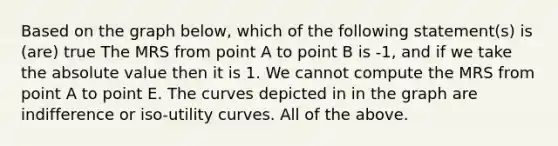 Based on the graph below, which of the following statement(s) is (are) true The MRS from point A to point B is -1, and if we take the <a href='https://www.questionai.com/knowledge/kbbTh4ZPeb-absolute-value' class='anchor-knowledge'>absolute value</a> then it is 1. We cannot compute the MRS from point A to point E. The curves depicted in in the graph are indifference or iso-utility curves. All of the above.