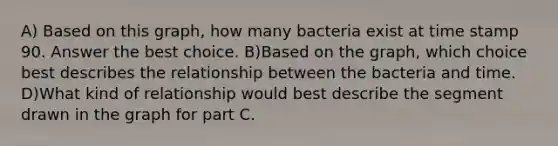 A) Based on this graph, how many bacteria exist at time stamp 90. Answer the best choice. B)Based on the graph, which choice best describes the relationship between the bacteria and time. D)What kind of relationship would best describe the segment drawn in the graph for part C.