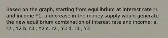 Based on the graph, starting from equilibrium at interest rate r1 and income Y1, a decrease in the <a href='https://www.questionai.com/knowledge/kiY8nlPo85-money-supply' class='anchor-knowledge'>money supply</a> would generate the new equilibrium combination of interest rate and income: a. r2 , Y2 b. r3 , Y2 c. r2 , Y3 d. r3 , Y3