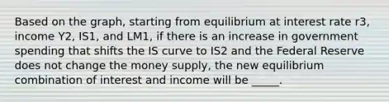 Based on the graph, starting from equilibrium at interest rate r3, income Y2, IS1, and LM1, if there is an increase in government spending that shifts the IS curve to IS2 and the Federal Reserve does not change the money supply, the new equilibrium combination of interest and income will be _____.