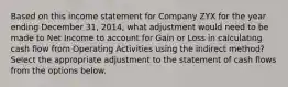 Based on this income statement for Company ZYX for the year ending December 31, 2014, what adjustment would need to be made to Net Income to account for Gain or Loss in calculating cash flow from Operating Activities using the indirect method? Select the appropriate adjustment to the statement of cash flows from the options below.