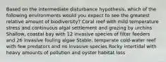 Based on the intermediate disturbance hypothesis, which of the following environments would you expect to see the greatest relative amount of biodiversity? Coral reef with mild temperature stress and continuous algal settlement and grazing by urchins Shallow, coastal bay with 12 invasive species of filter feeders and 26 invasive fouling algae Stable, temperate cold-water reef with few predators and no invasive species Rocky intertidal with heavy amounts of pollution and oyster habitat loss