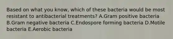 Based on what you know, which of these bacteria would be most resistant to antibacterial treatments? A.Gram positive bacteria B.Gram negative bacteria C.Endospore forming bacteria D.Motile bacteria E.Aerobic bacteria