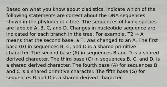 Based on what you know about cladistics, indicate which of the following statements are correct about the DNA sequences shown in the phylogenetic tree. The sequences of living species are labeled A, B, C, and D. Changes in nucleotide sequence are indicated for each branch in the tree. For example, T2 → A means that the second base, a T, was changed to an A. The first base (G) in sequences B, C, and D is a shared primitive character. The second base (A) in sequences B and D is a shared derived character. The third base (C) in sequences B, C, and D, is a shared derived character. The fourth base (A) for sequences B and C is a shared primitive character. The fifth base (G) for sequences B and D is a shared derived character.