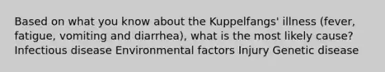 Based on what you know about the Kuppelfangs' illness (fever, fatigue, vomiting and diarrhea), what is the most likely cause? Infectious disease Environmental factors Injury Genetic disease