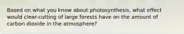 Based on what you know about photosynthesis, what effect would clear-cutting of large forests have on the amount of carbon dioxide in the atmosphere?