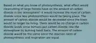 Based on what you know of photosynthesis, what effect would clearcutting of large forests have on the amount of carbon dioxide in the atmosphere? It would increase the level of carbon dioxide since less photosynthesis would be taking place. The amount of carbon dioxide would be decreased since the trees would no longer be living. There would be no change in carbon dioxide levels since humans put carbon dioxide into the atmosphere by burning fossil fuels. The amount of carbon dioxide would be the same since the reaction rates of photosynthesis and respiration are equal.