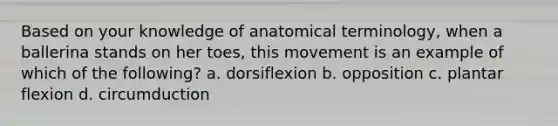 Based on your knowledge of anatomical terminology, when a ballerina stands on her toes, this movement is an example of which of the following? a. dorsiflexion b. opposition c. plantar flexion d. circumduction