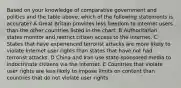 Based on your knowledge of comparative government and politics and the table above, which of the following statements is accurate? A Great Britain provides less freedom to Internet users than the other countries listed in the chart. B Authoritarian states monitor and restrict citizen access to the Internet. C States that have experienced terrorist attacks are more likely to violate Internet user rights than states that have not had terrorist attacks. D China and Iran use state-sponsored media to indoctrinate citizens via the Internet. E Countries that violate user rights are less likely to impose limits on content than countries that do not violate user rights.