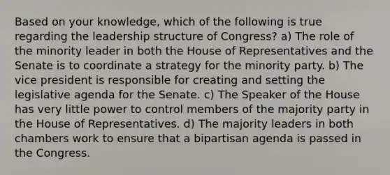 Based on your knowledge, which of the following is true regarding the leadership structure of Congress? a) The role of the minority leader in both the House of Representatives and the Senate is to coordinate a strategy for the minority party. b) The vice president is responsible for creating and setting the legislative agenda for the Senate. c) The Speaker of the House has very little power to control members of the majority party in the House of Representatives. d) The majority leaders in both chambers work to ensure that a bipartisan agenda is passed in the Congress.