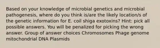 Based on your knowledge of microbial genetics and microbial pathogenesis, where do you think is/are the likely location/s of the genetic information for E. coil shiga exotoxins? Hint: pick all possible answers. You will be penalized for picking the wrong answer. Group of answer choices Chromosomes Phage genome mitochondrial DNA Plasmids