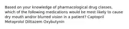 Based on your knowledge of pharmacological drug classes, which of the following medications would be most likely to cause dry mouth and/or blurred vision in a patient? Captopril Metoprolol Diltiazem Oxybutynin