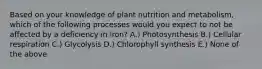 Based on your knowledge of plant nutrition and metabolism, which of the following processes would you expect to not be affected by a deficiency in iron? A.) Photosynthesis B.) Cellular respiration C.) Glycolysis D.) Chlorophyll synthesis E.) None of the above