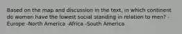 Based on the map and discussion in the text, in which continent do women have the lowest social standing in relation to men? -Europe -North America -Africa -South America