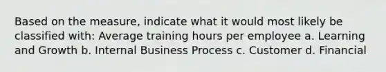 Based on the measure, indicate what it would most likely be classified with: Average training hours per employee a. Learning and Growth b. Internal Business Process c. Customer d. Financial