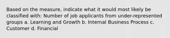 Based on the measure, indicate what it would most likely be classified with: Number of job applicants from under-represented groups a. Learning and Growth b. Internal Business Process c. Customer d. Financial